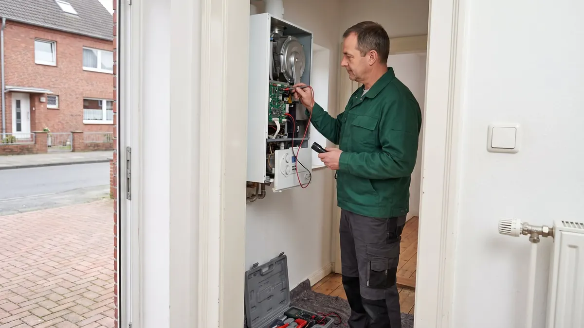 Heizung Herdecke: Heizungsfachkraft misst an der geöffneten Gastherme in einer Flurnische die Elektronik