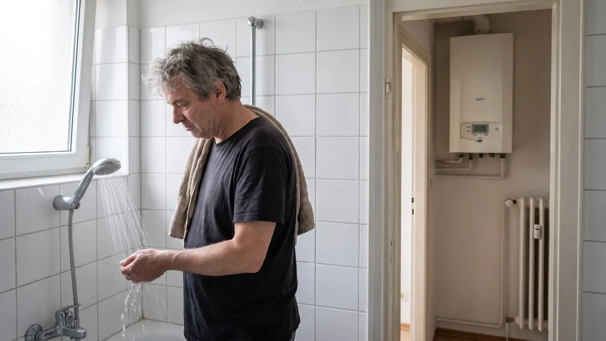 Heizung Werne: Bewohner prüft unter der Dusche, ob warmes Wasser kommt