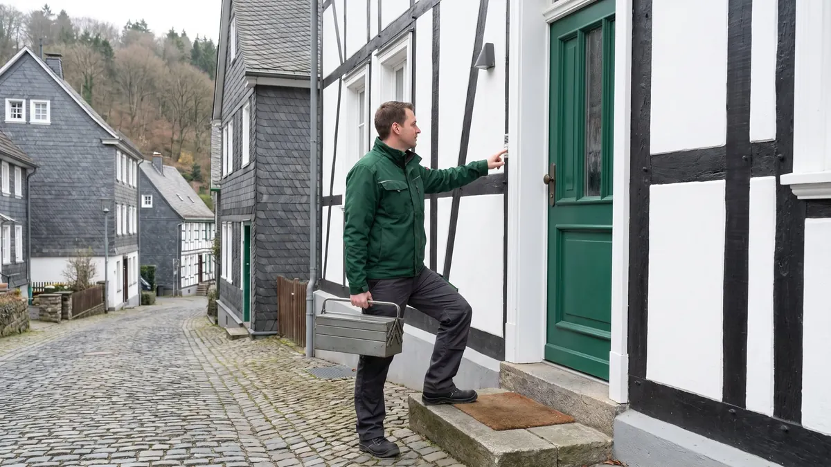 Heizung Werl: Heizungsfachkraft klingelt an einem Fachwerkhaus in einer Kleinstadt im Bergland