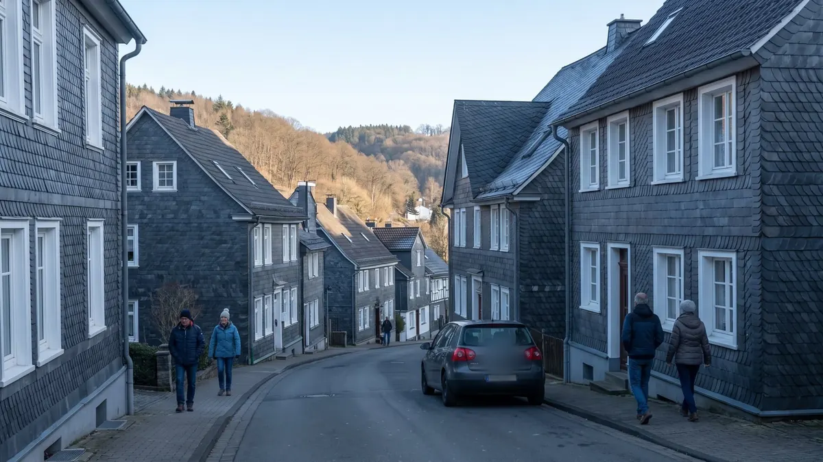 Heizung Erwitte: Dorfstraße mit schieferverkleideten Häusern vor bewaldeten Hügeln