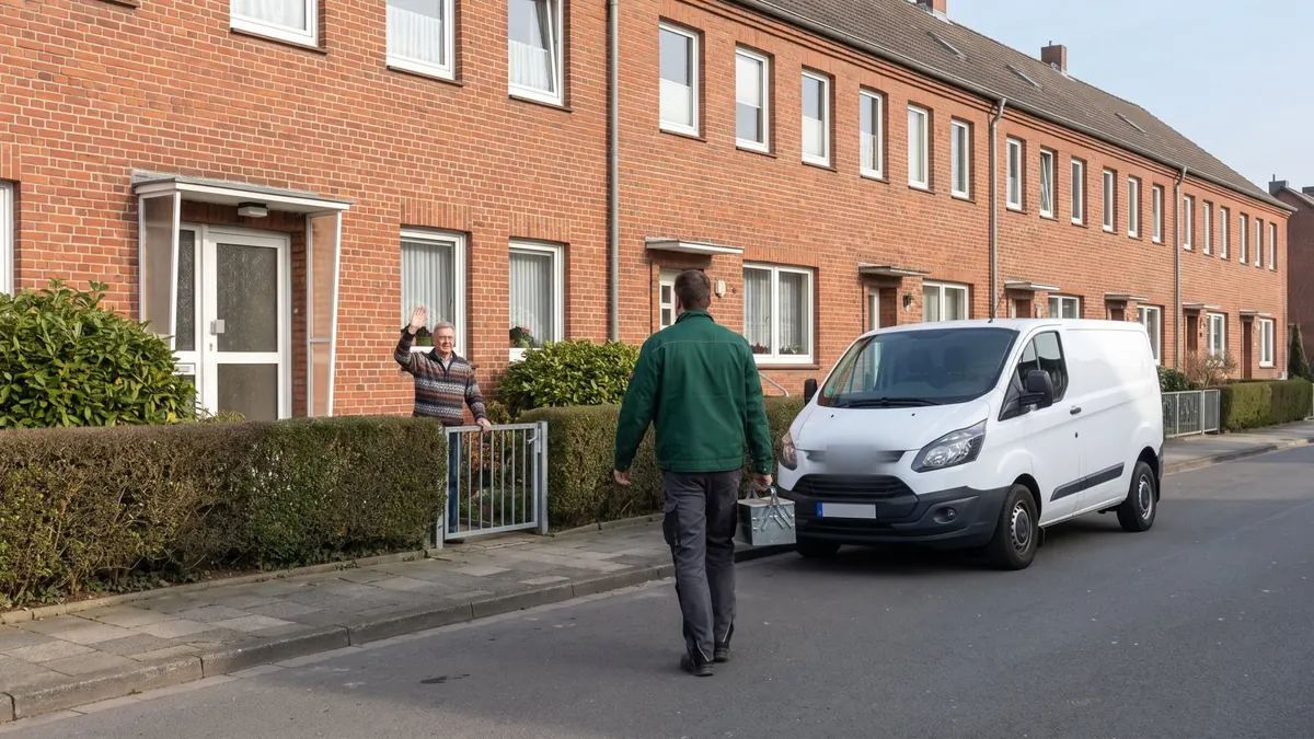 Heizungsfachkraft geht in einer Siedlung aus Backstein-Zechenhäusern zu einer Haustür