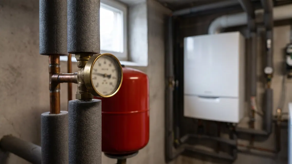 Heizung Selm: Manometer an der Heizungsleitung neben dem roten Ausdehnungsgefäß