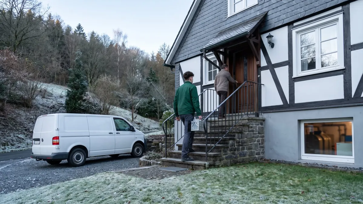 Heizung Erwitte: Heizungsfachkraft geht mit dem Werkzeugkoffer zu einem schieferverkleideten Haus am Hang