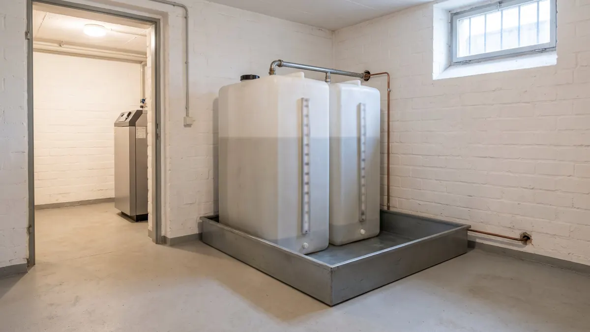 Heizung Soest: Kellerraum mit zwei Heizöl-Batterietanks in der Auffangwanne, dahinter der Ölkessel